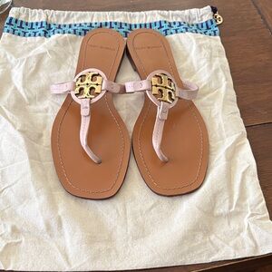 Tory Burch mini miller Pink Leather Logo Thong Sandals with Gold Emblem